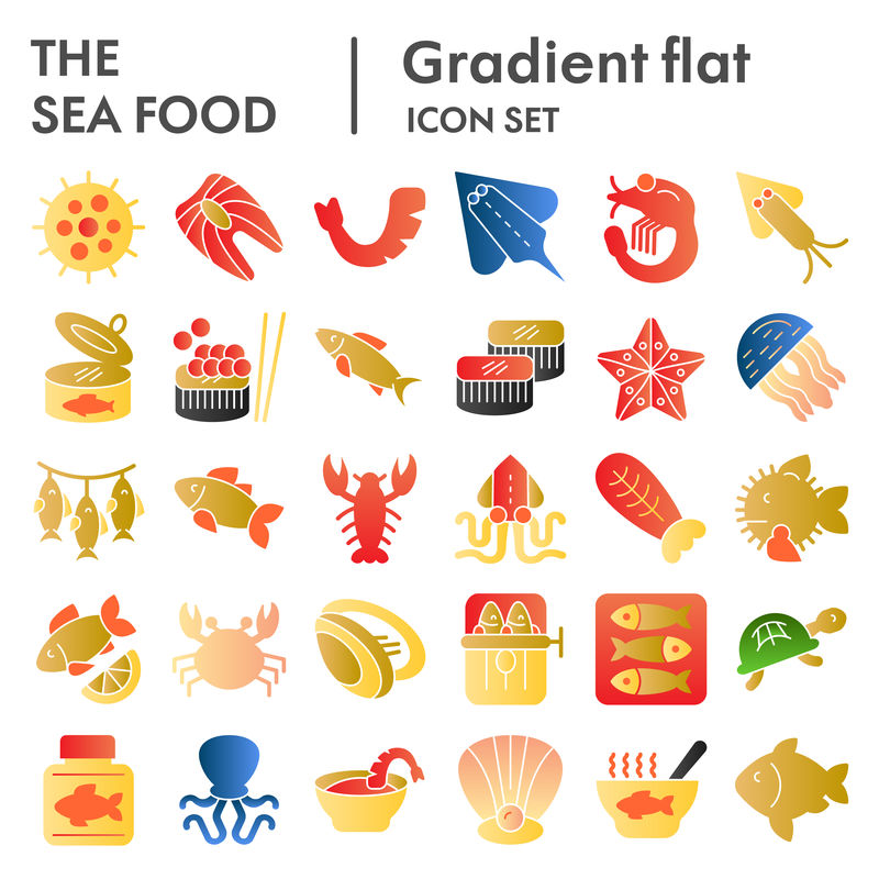 海洋食品平面图标集海洋符号集矢量草图标志插图动物标志颜色梯度象形图包隔离白底EPS 10