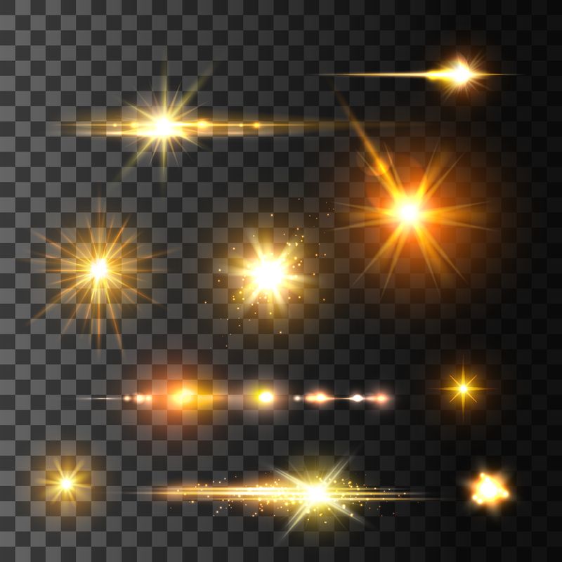 星星和金色闪光对透明背景的影响-发光的星光或闪烁的太阳束的矢量图标-以及带有发光颗粒或空间火花的金色闪烁的光线模糊