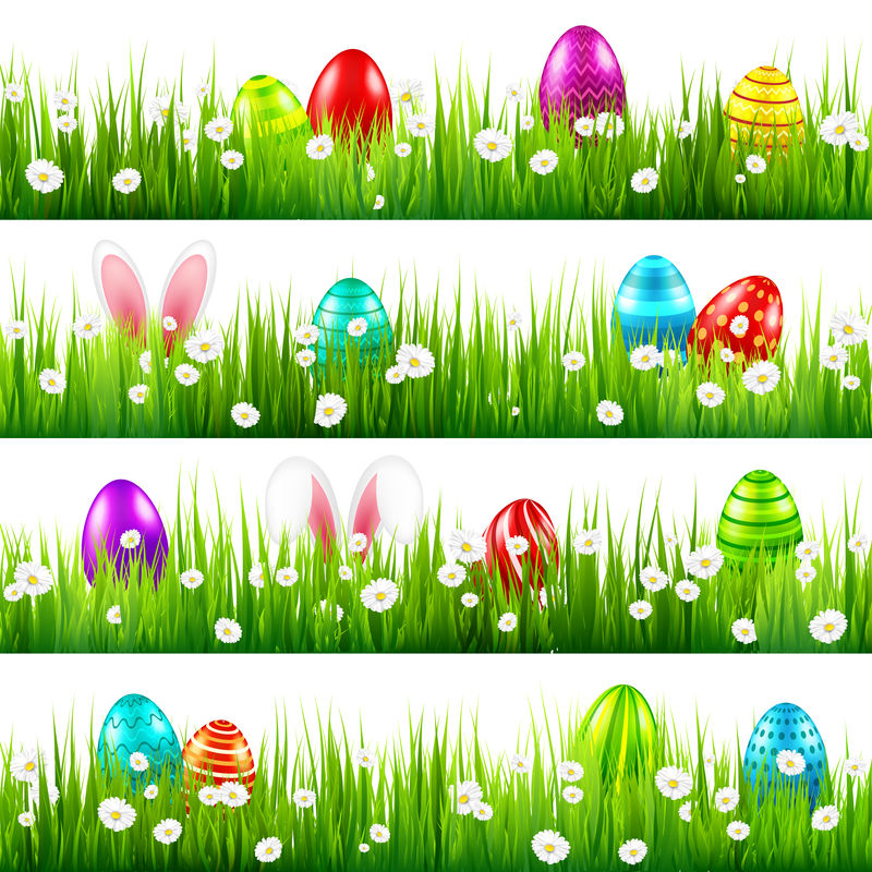 在草地上放复活节彩蛋兔子耳朵镶上四月的春假星期天的季节性庆祝活动