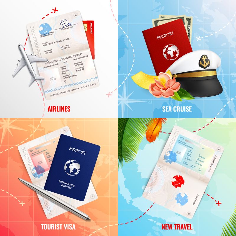 航空和海上旅行2x2广告设计概念-带有生物识别护照模型和签证戳真实图标矢量图