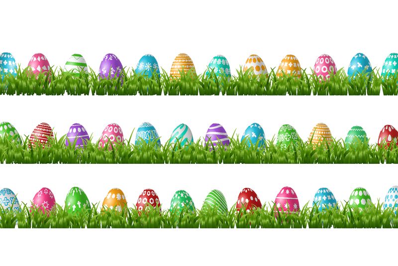 矢量现实孤立的复活节彩蛋在草地边界装饰和覆盖在白色背景-复活节快乐的概念