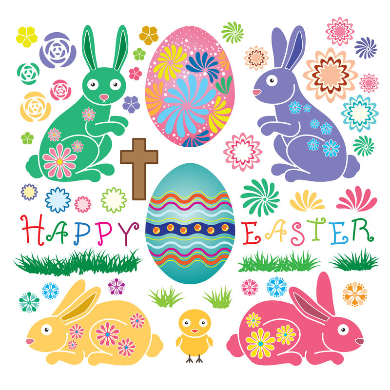 复活节兔子-在新鲜的绿草上装饰复活节彩蛋