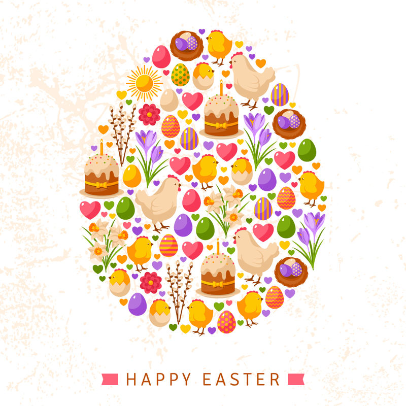 复活节快乐的概念-扁平可爱的图标排列成鸡蛋的形式-矢量图