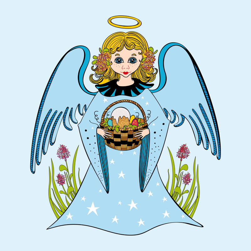 可爱的小天使拿着一个柳条篮-里面有复活节蛋糕和彩蛋