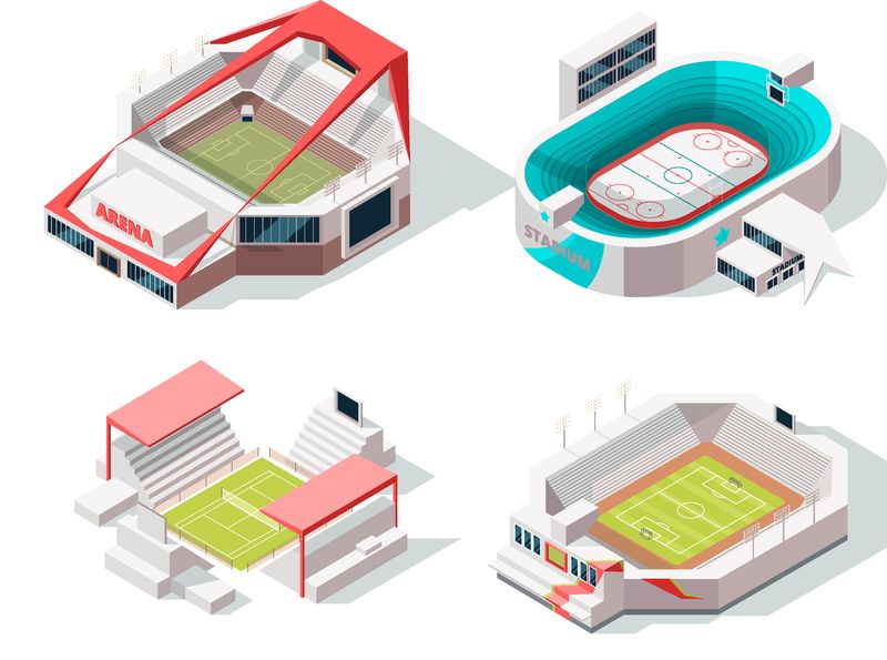 体育场建筑外部曲棍球足球和网球-等距图体育场-建筑运动竞技场-插图