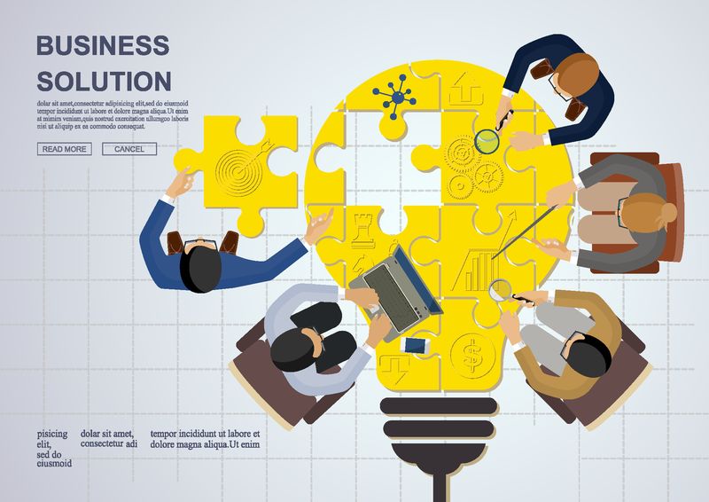 企业团队合作的概念-解决方案和创新分析-咨询-项目管理-财务报告和战略团队-矢量图