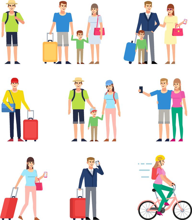 旅游者-旅行者-家人在度假-一群人在机场带着行李-平面设计矢量图