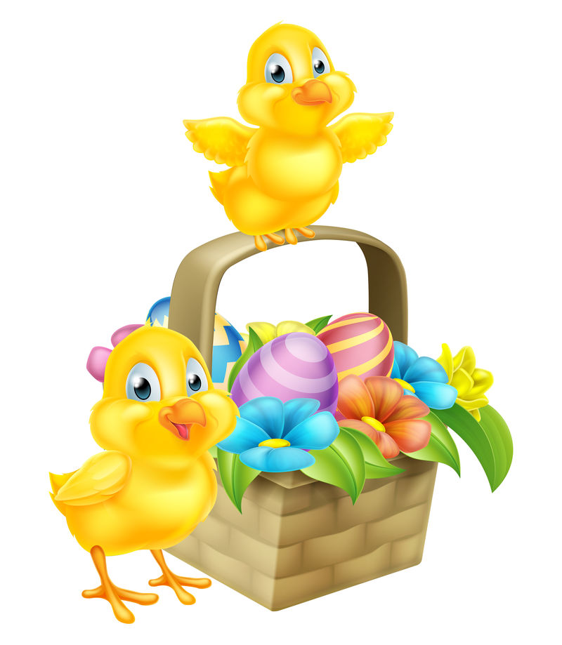 卡通小鸡和复活节彩蛋篮