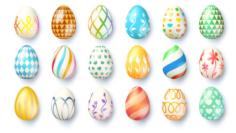 矢量集现实孤立的复活节彩蛋装饰和覆盖在白色背景上-复活节快乐的概念