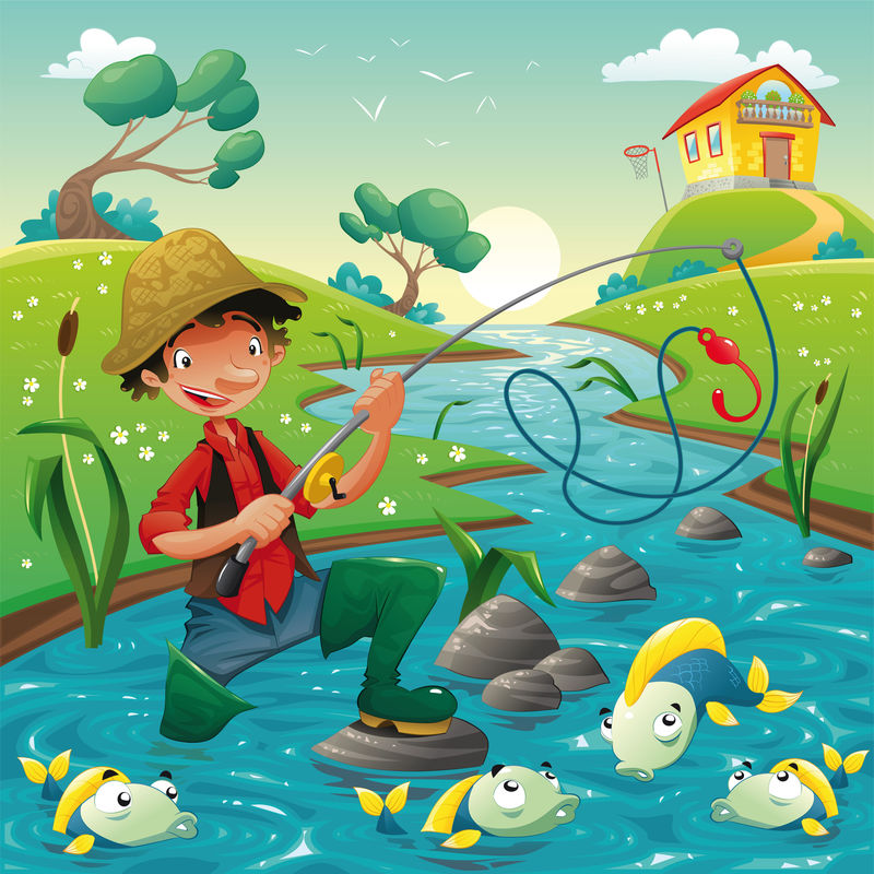 渔夫和鱼的卡通场景