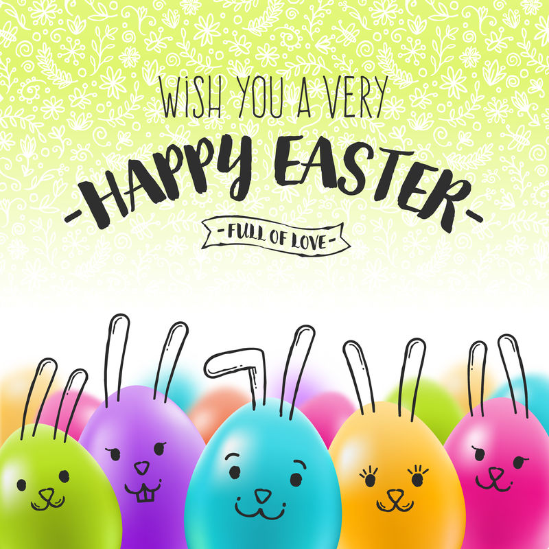 带蛋和手绘兔子的复活节贺卡.矢量图