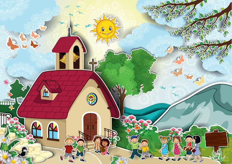 乡村教堂的尖塔快乐儿童运行透明混合效果和渐变网格EPS 10