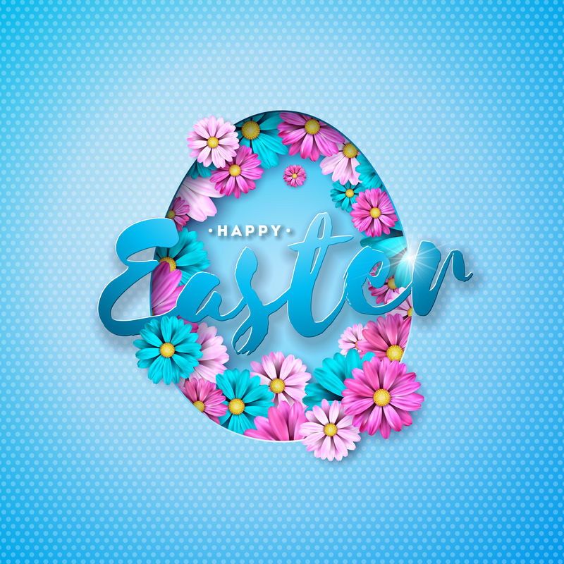 矢量插图的复活节快乐与彩色花卉和剪纸鸡蛋标志在闪亮的蓝色背景具有贺卡聚会邀请或促销横幅印刷的国际庆典设计