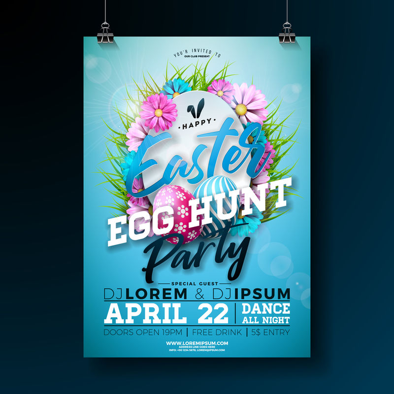 矢量复活节派对传单插图画有彩蛋花和兔子耳朵背景为自然蓝色春节庆典海报设计模板