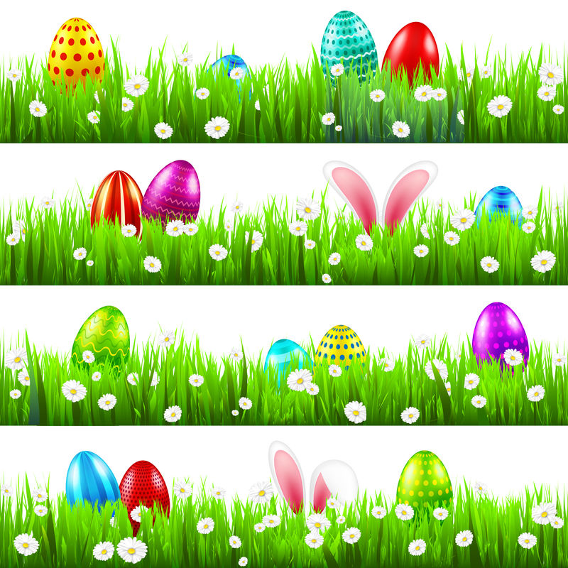 在草地上放复活节彩蛋兔子耳朵镶上四月的春假星期天的季节性庆祝活动
