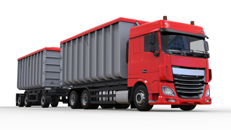 带独立拖车的大型红色卡车-用于运输农业和建筑散装材料和产品-三维绘制