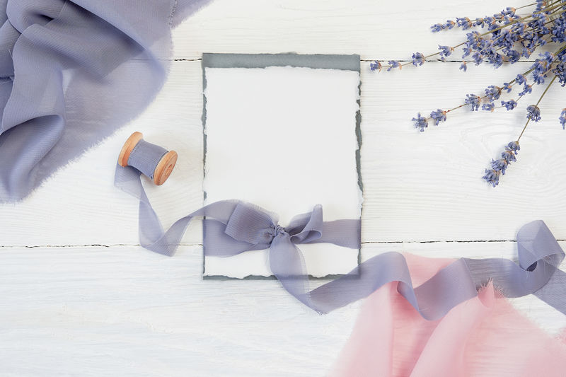 白色空白卡片丝带蝴蝶结粉色和蓝色背景