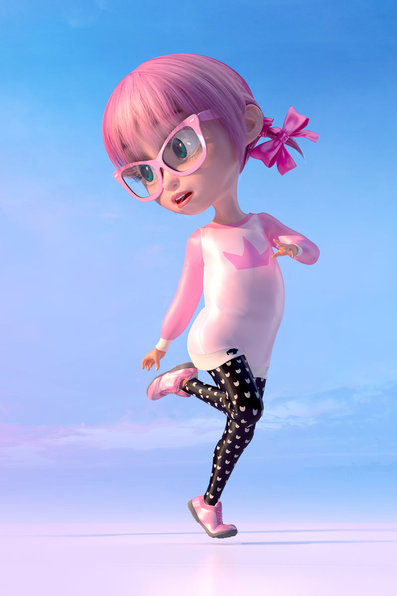 一个可爱的卡通女孩在儿童游乐场玩耍有趣的卡通小角色一个戴着眼镜和粉红色动漫头发的川仪小女孩三维渲染