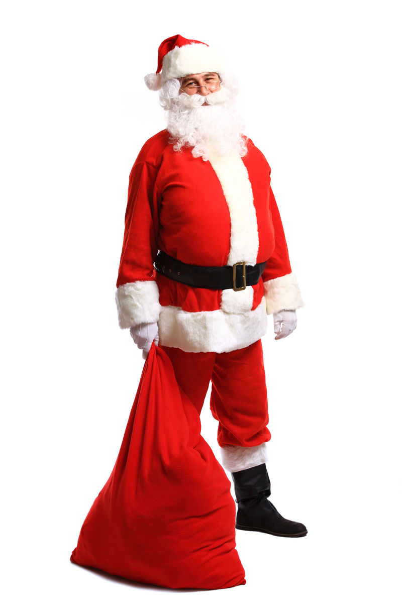 一张圣诞老人在袋子旁边摆姿势的全幅画像