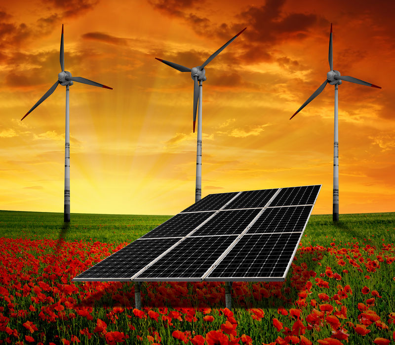 罂粟田的太阳能电池板和风力涡轮机