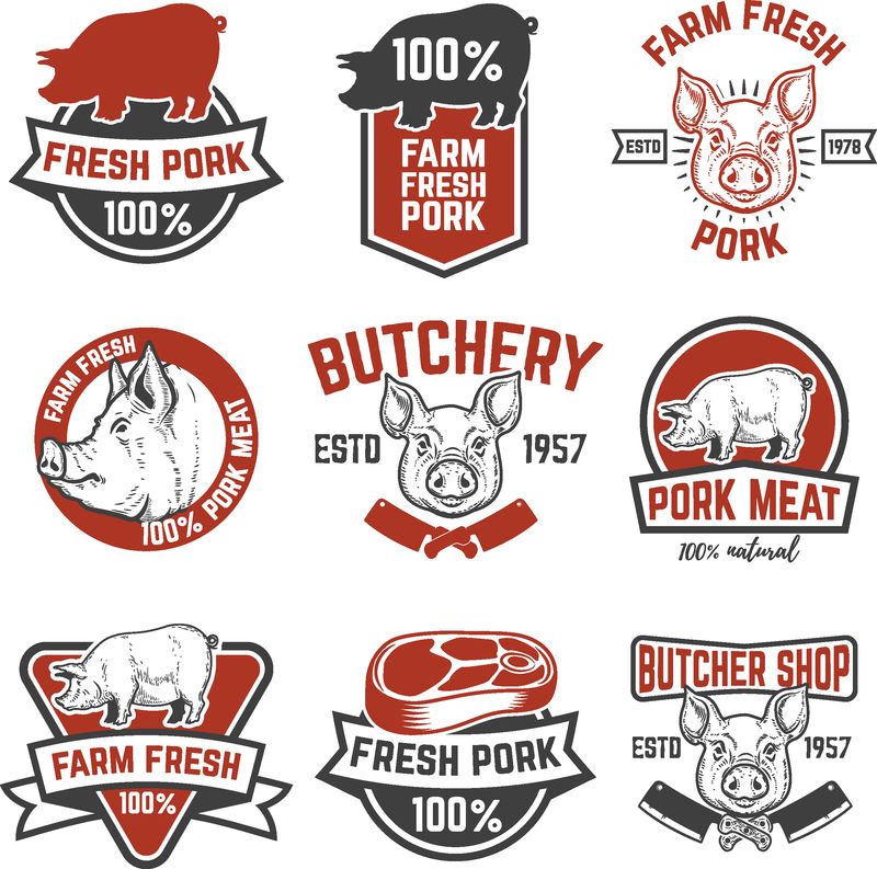 农场新鲜猪肉标志-标志标签标志的设计元素-矢量图