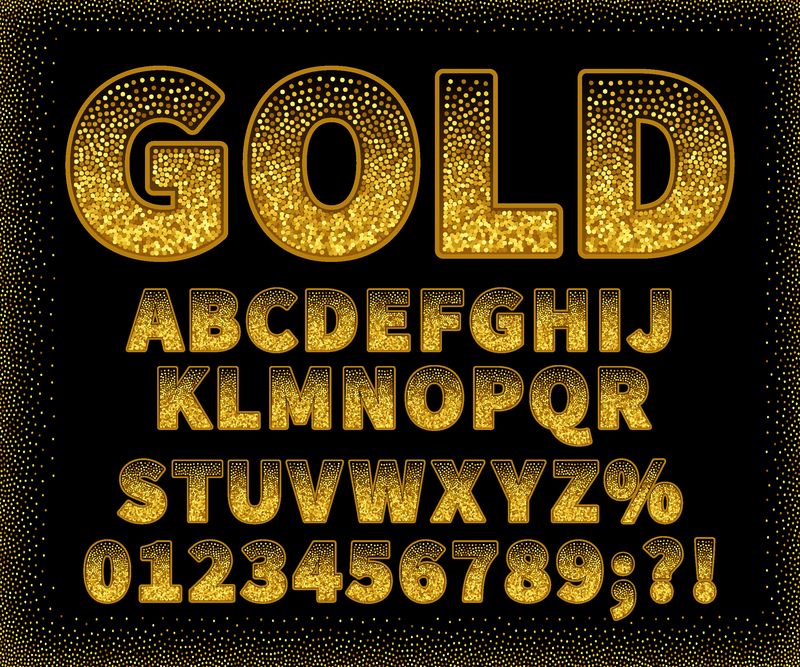 黑色背景上的复古金色无衬线字体-带数字的大写字母