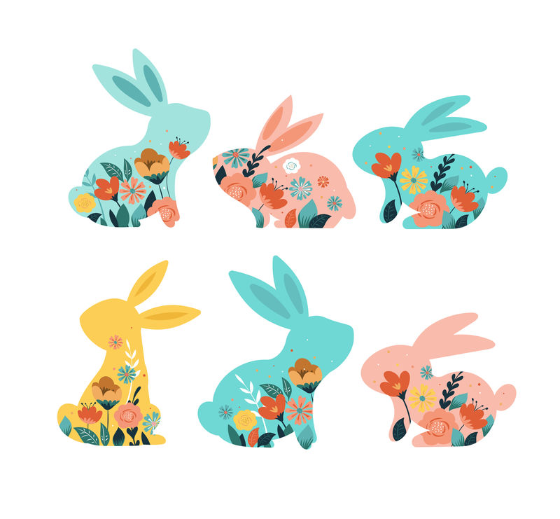 复活节快乐矢量图兔子图标装饰有花