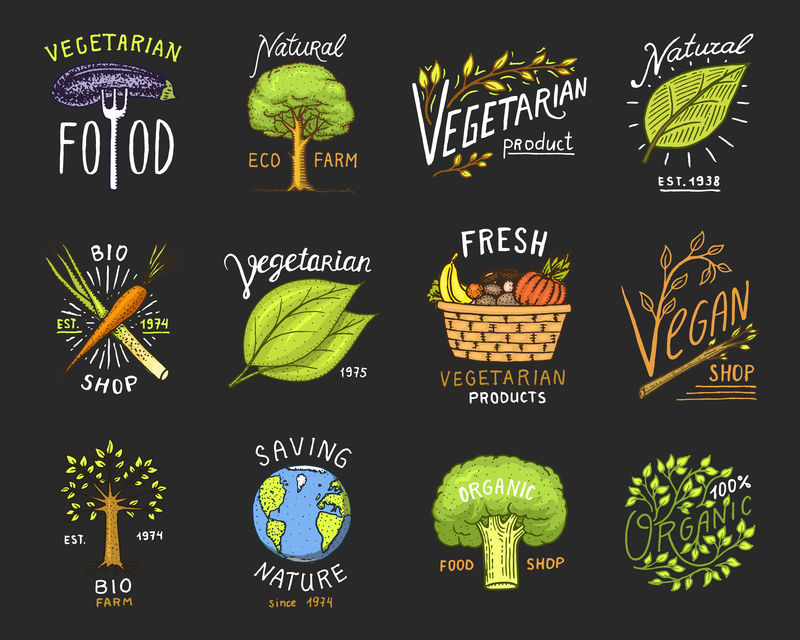 健康有机食品标志集或标签和元素素食和农场绿色天然蔬菜产品矢量插图标志着健康生活用旧素描的手工雕刻的