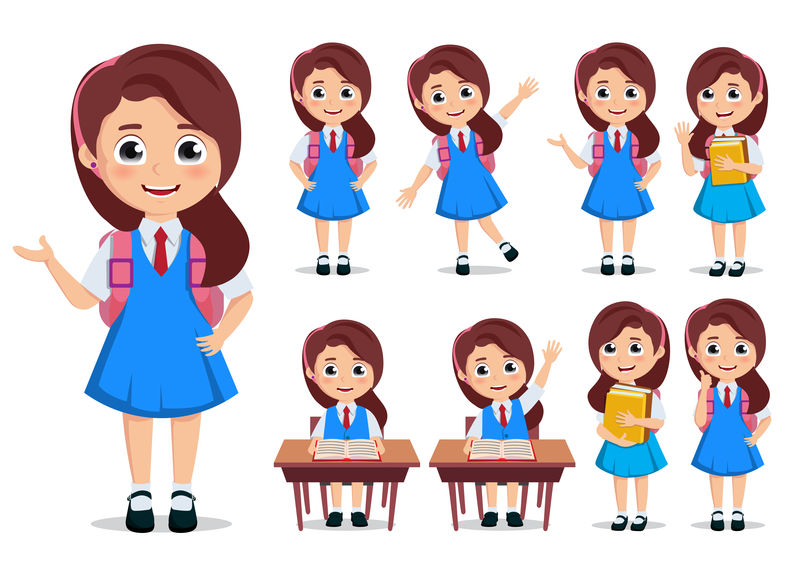 女学生矢量字符集-学生在进行教育活动时-卡通人物穿着制服和背包-摆出各种姿势和姿势-矢量图