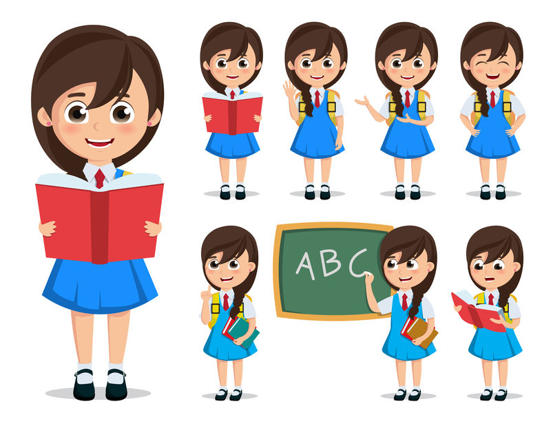 女学生矢量字符集-回到学校的孩子卡通人物穿着统一的阅读书籍-在白色背景下做教育活动-矢量图