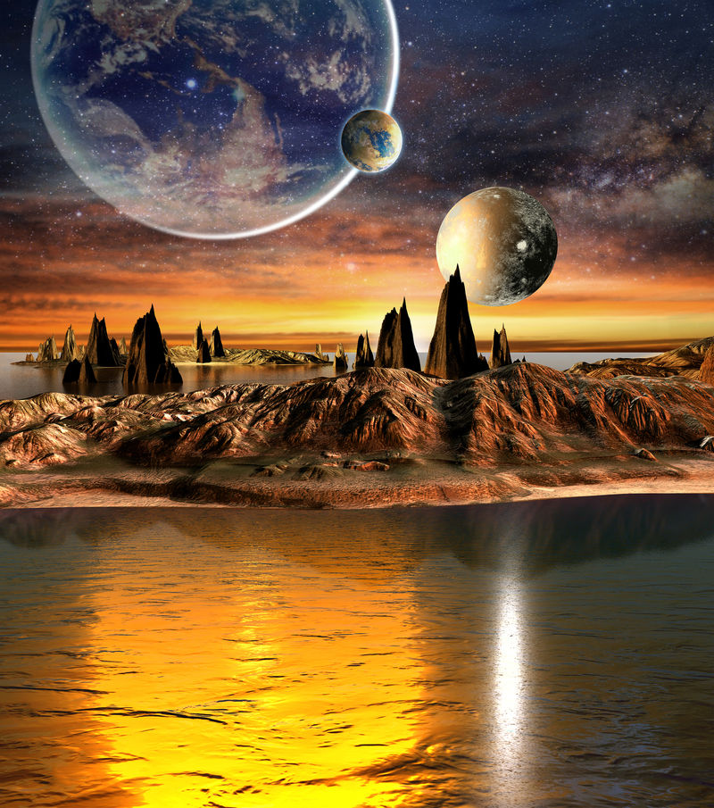 有行星地月和山脉的外星行星3D渲染的计算机艺术品NASA提供的这张图片的元素