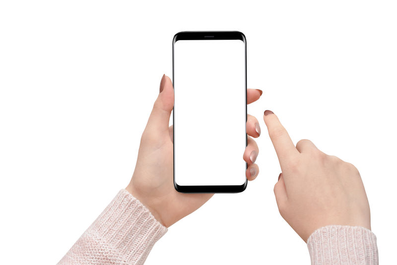 女性手持和触摸现代智能手机圆形边缘与白色背景隔离