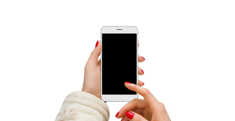 独立的现代手机白色背景女性手上有黑屏
