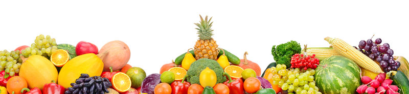 白色背景下分离的水果和蔬菜全景拼贴画宽照片可供文本使用