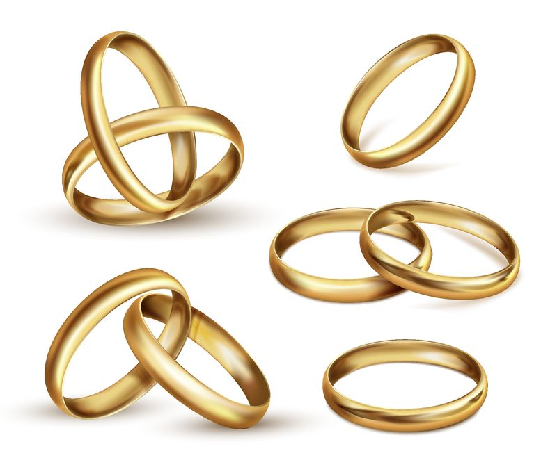 金婚戒套装-仪式礼品象征-结婚戒指-指环表示佩戴者已结婚-白色背景上的矢量逼真图