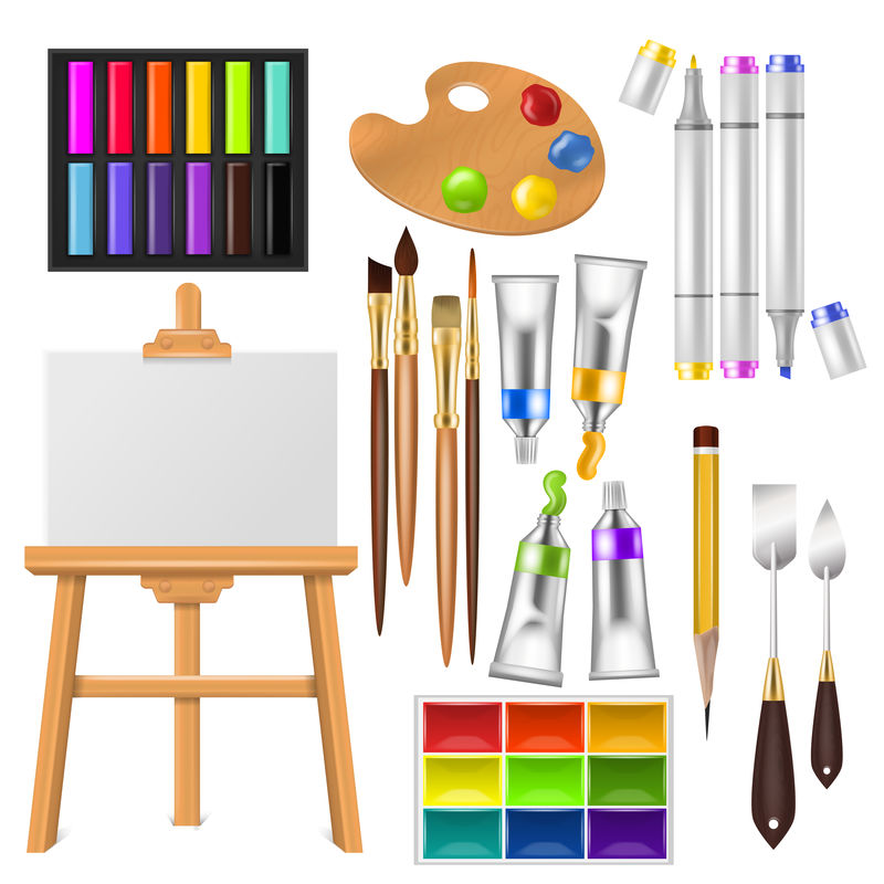 艺术家工具矢量水彩与画笔调色板和颜色