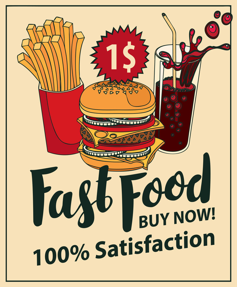 Vector横幅-适用于搭配汉堡薯条和可乐的复古快餐-带有手写文字和价格一美元的流行艺术插图-快餐健康不健康食品