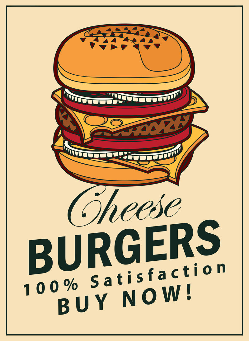 Vector横幅-用于快餐店-带有复古风格的奶酪汉堡-手绘汉堡的流行艺术插图-快餐-健康和不健康的食物-三明治的彩色图像