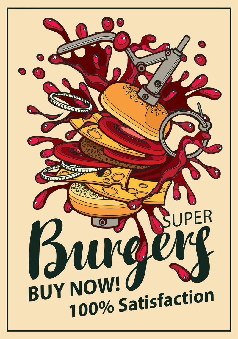 带有汉堡的怀旧风格矢量横幅-一个超级汉堡爆炸手榴弹飞溅的波普艺术插图-快餐-健康和不健康的食物-三明治的彩色图像