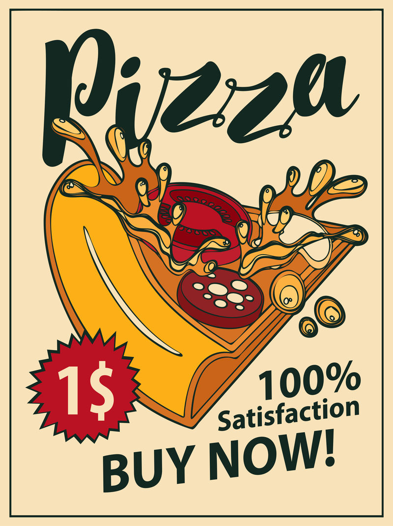 矢量横幅披萨切片-手写铭文和价格1美元复古风格-快餐健康和不健康食品流行艺术插画