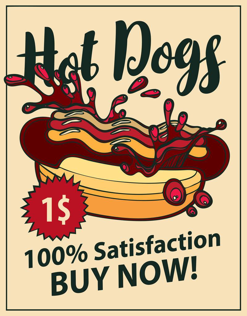 带热狗的矢量横幅-手写铭文-复古风格价格1美元-快餐健康和不健康食品流行艺术插画