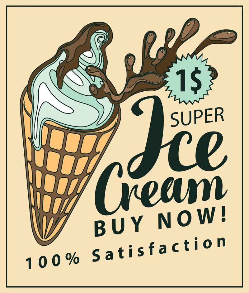 带有冰激凌的横幅-手写的铭文-复古风格的价格为1美元-矢量图-白色冰淇淋-华夫饼锥形-巧克力面喷溅