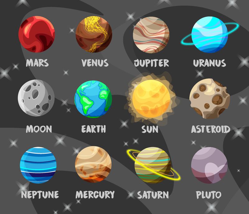 太阳系中一组色彩鲜艳的行星-月球太阳和小行星的空间背景-平展的卡通收藏《天体》-矢量图