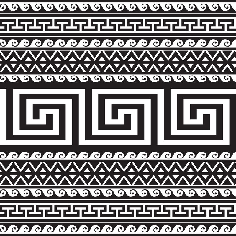 民族风格的希腊部落边界无缝图案-黑白几何条纹背景-希腊钥匙蜿蜒于古老的装饰物之上-几何装饰形状-锯齿形-线条-波浪-菱形