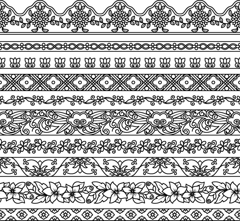 用于民族装饰的花卉元素矢量集-框架边框和背景的无缝图案-详细的装饰图案-黑白色