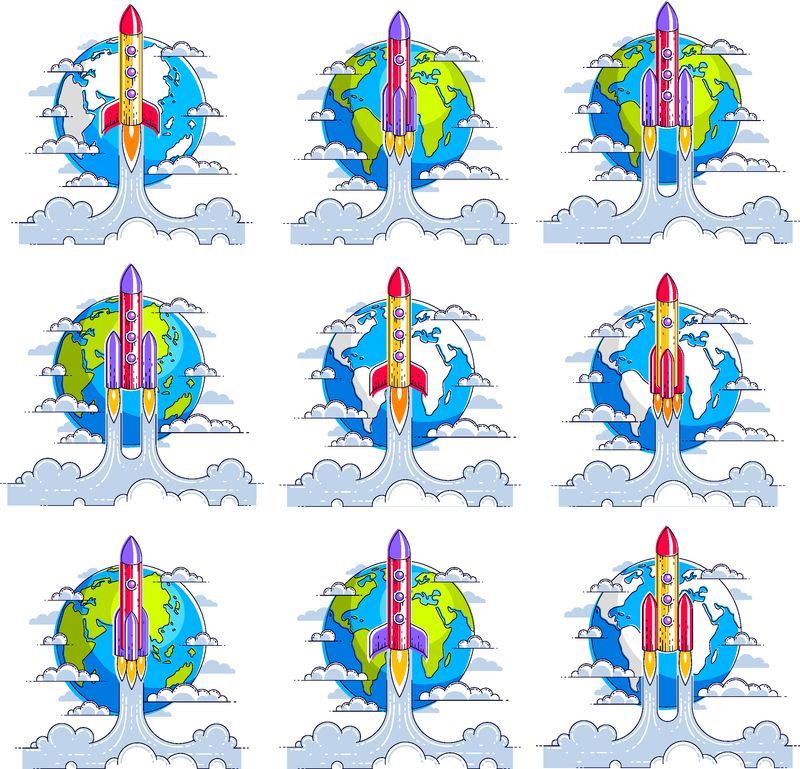 火箭在地球上空发射进入未被发现的空间-探索宇宙-惊人的空间科学-细线三维矢量插图设置为白色隔离