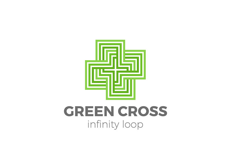 绿色药房标志交叉设计无限循环线矢量模板线性样式-加上标志概念图标