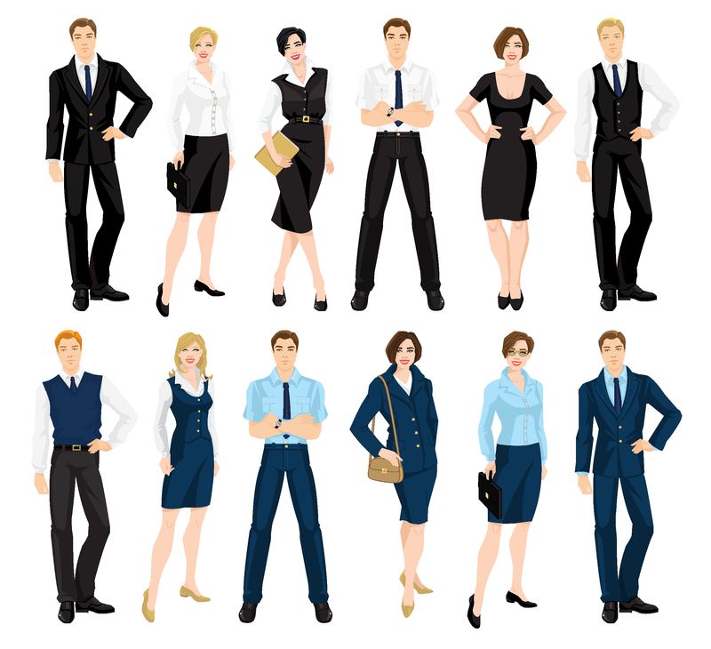 公司服装代码的矢量图-穿着正式的蓝黑相间的套装的男人和女人被隔离在白色的背景下-正式服装