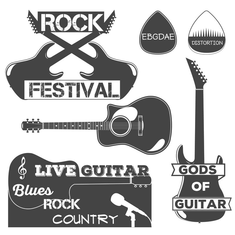 一套标志摇滚乐带有字体和插图矢量的音乐设计元素