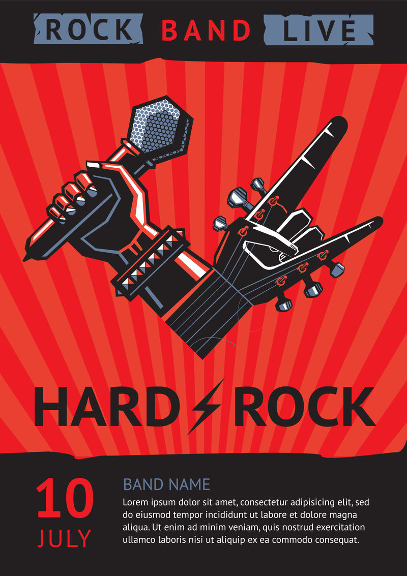 硬摇滚派对带有麦克风和吉他的摇滚音乐会海报的设计模板